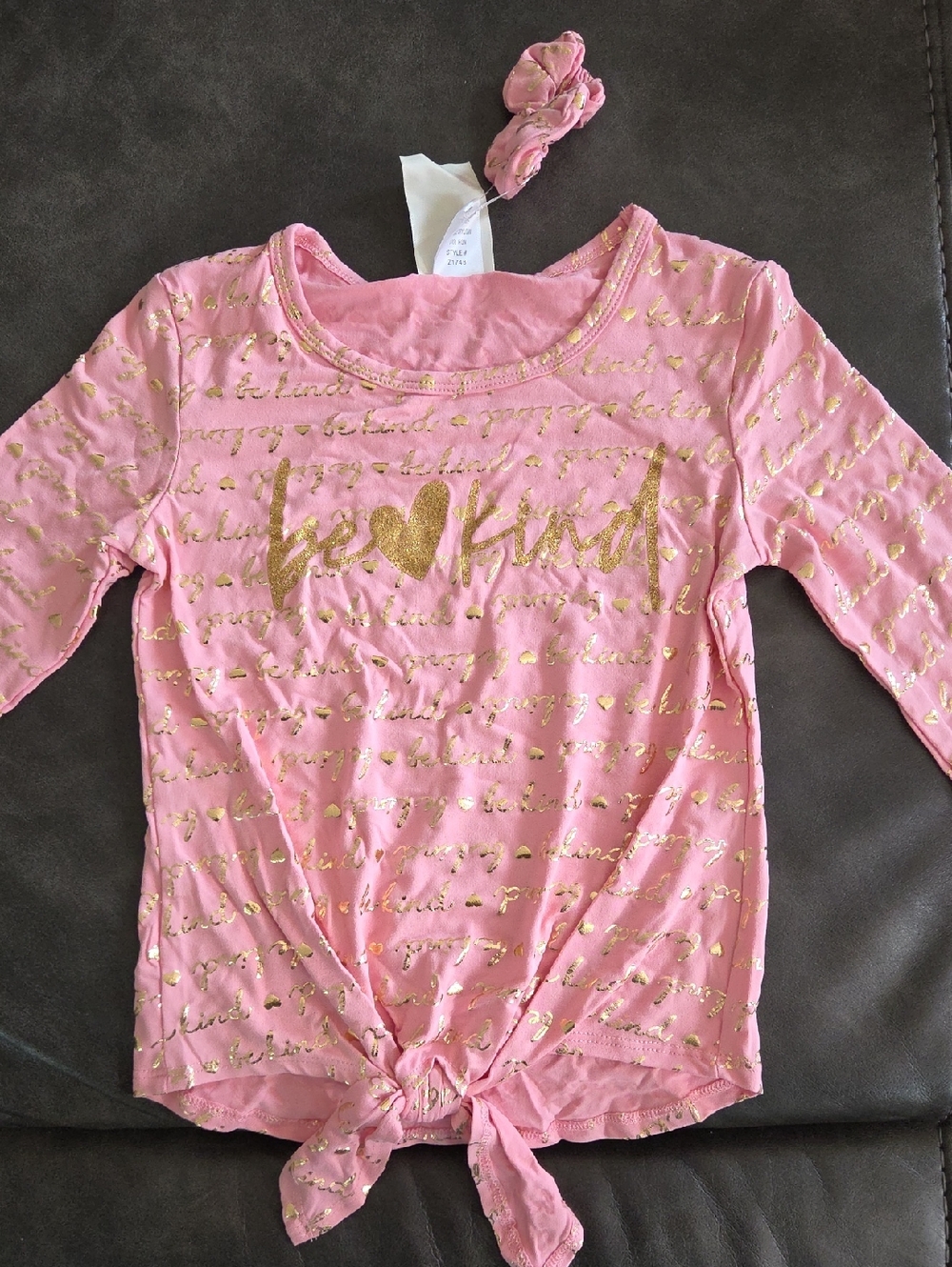 NWT Girls Pink Metallic Tie-Hem Top "BE KIND"